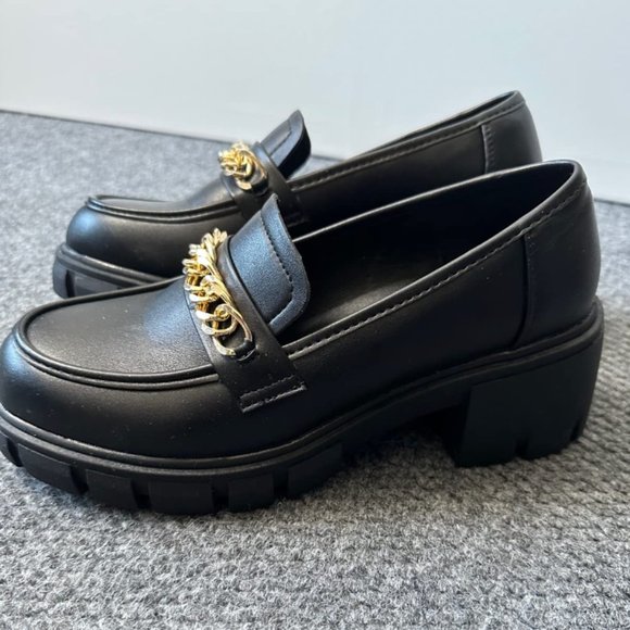 Platform Loafers for Women Chunky Heels Slip-ons with Chain Round Toe NWT - Picture 2 of 9